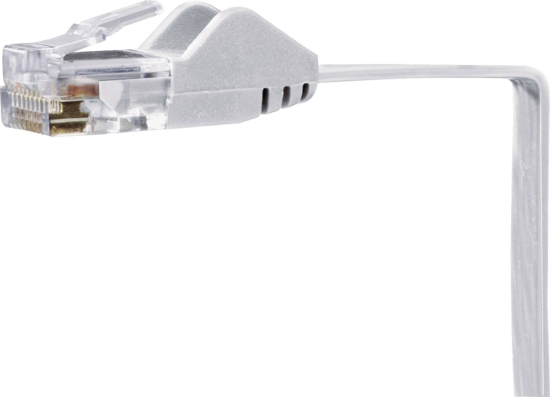 Ein graues Ethernet-Kabel mit RJ-45-Stecker, das zur Internetverbindung verwendet wird. Der Stecker zeigt nach links.