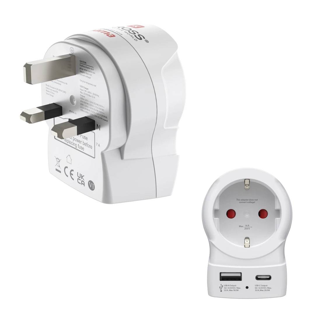 Hama EU to UK, Typ G (VK), Typ C (Eurostecker) + Typ F, Gerade, Gerade, 100 - 250 V, Weiß