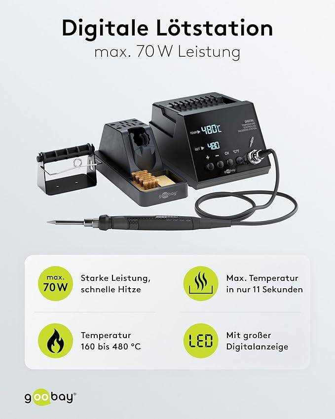 Goobay 78624 Digitale Lötstation 70 W, Lötstation Set, 160–480 °C, LED-Display, Lötkolben, Speicherfunktion
