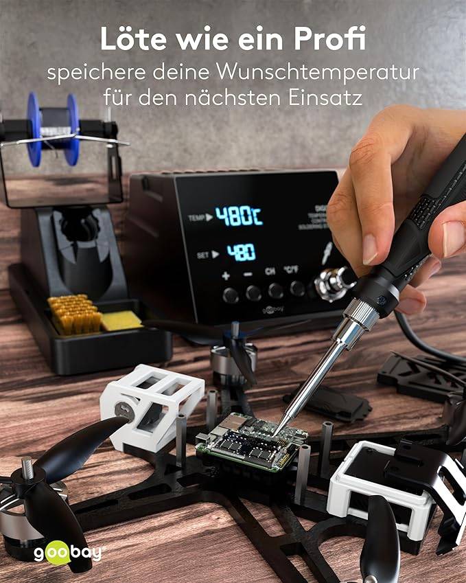 Goobay 78624 Digitale Lötstation 70 W, Lötstation Set, 160–480 °C, LED-Display, Lötkolben, Speicherfunktion