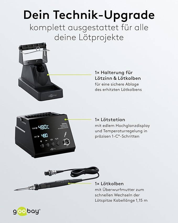 Goobay 78624 Digitale Lötstation 70 W, Lötstation Set, 160–480 °C, LED-Display, Lötkolben, Speicherfunktion