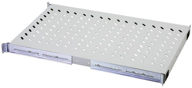 Metallisches Regalbrett mit Perforationen, befestigt an seitlichen Schienen, geeignet zur Montage in einem Rack.