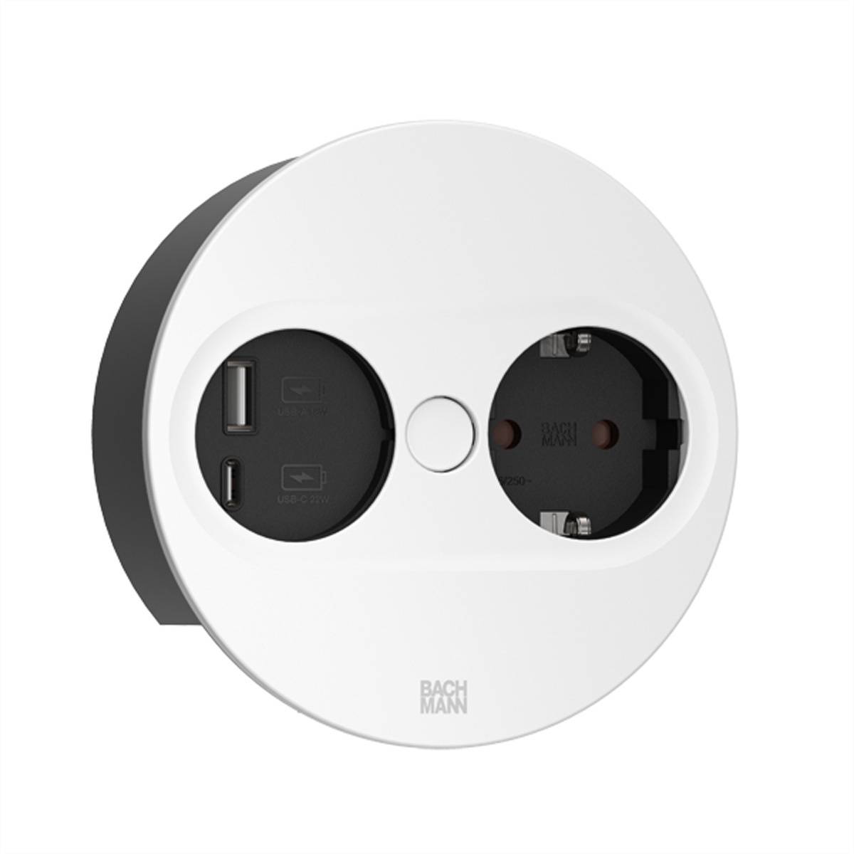 Bachmann TWIST2 1xCEE7/3 1xUSB A/C 22W Rund weiss, 0,2m Mit ISV-Stecker
