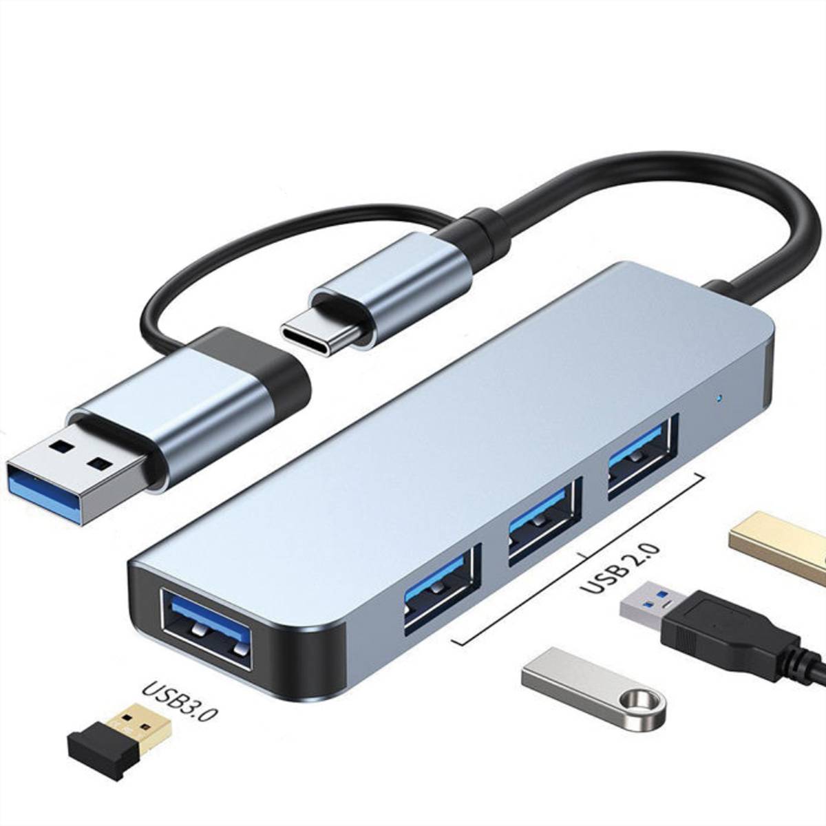 Value USB3.2 Gen1 Metall Hub, 4fach Typ A, (1x USB 3.2Gen1 + 3x USB 2.0), Typ A+C Anschlusskabel