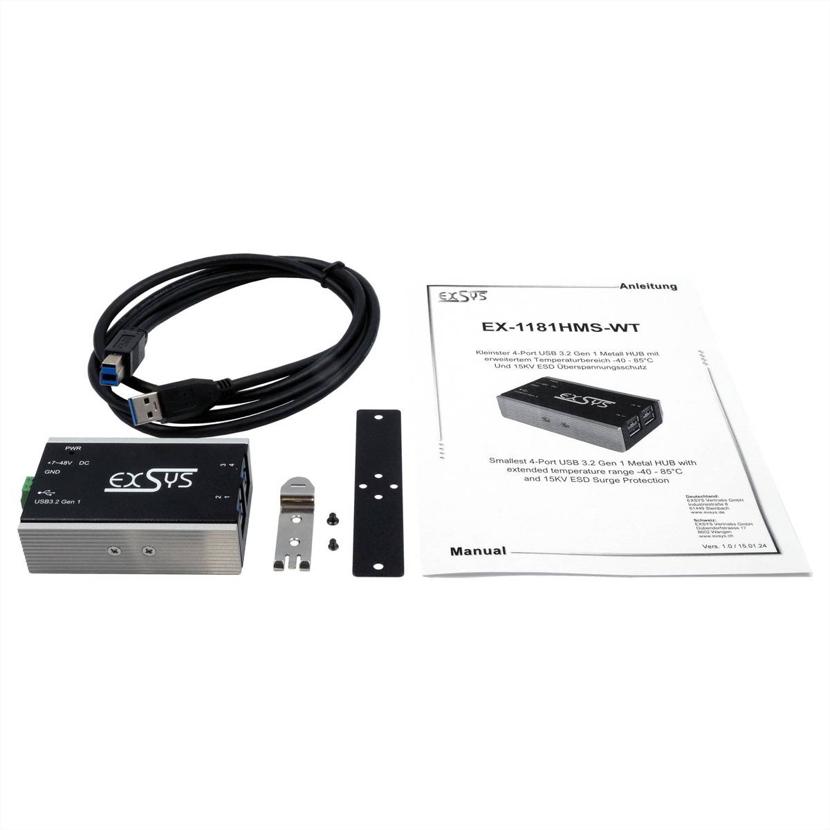 Exsys EX-1181HMS-WT 4-Port USB 3.2 Gen 1 Hub Industrial Networking USB Hub