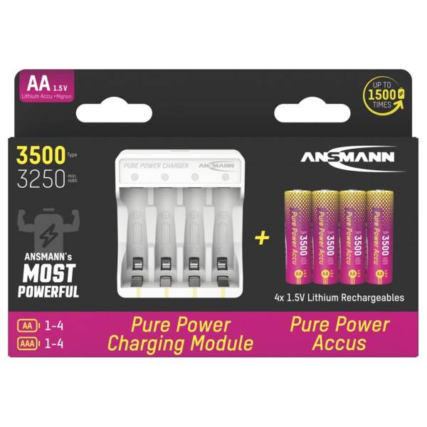 Ansmann Pure Power Set, Ladegerät inkl. 4x Mignon AA 1,5V Li-Ion Akkus, inkl. USB-C Ladekabel