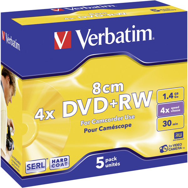 Verbatim 43565 8 cm Mini DVD+RW Rohling 1.4 GB 5 St. Jewelcase Wiederbeschreibbar, Silber Matte Obe