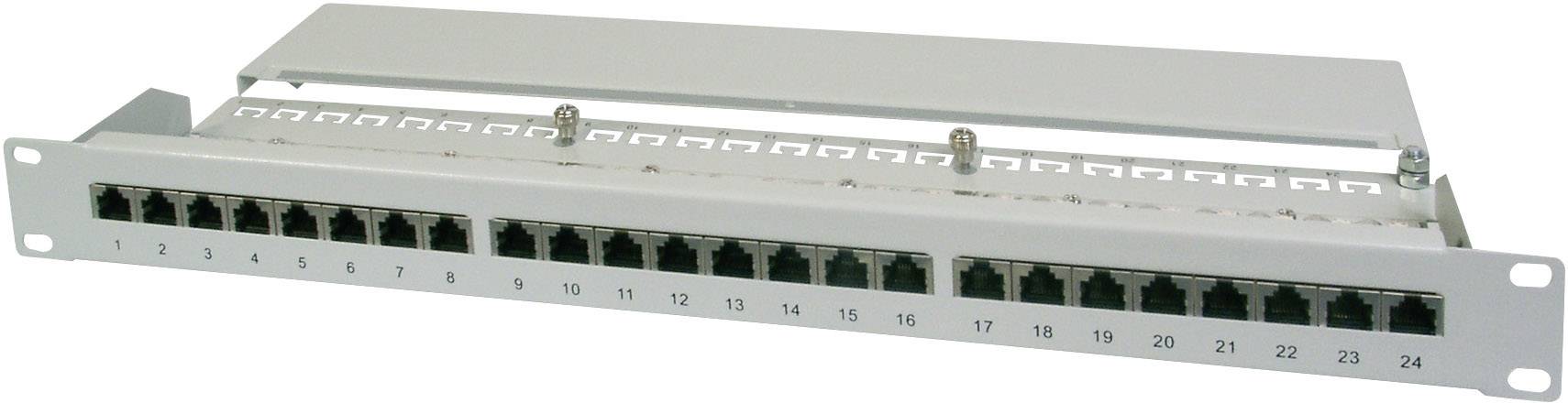 Ein Patchpanel mit 24 Ethernet-Ports, nummeriert von 1 bis 24, montiert in einem Metallrahmen.