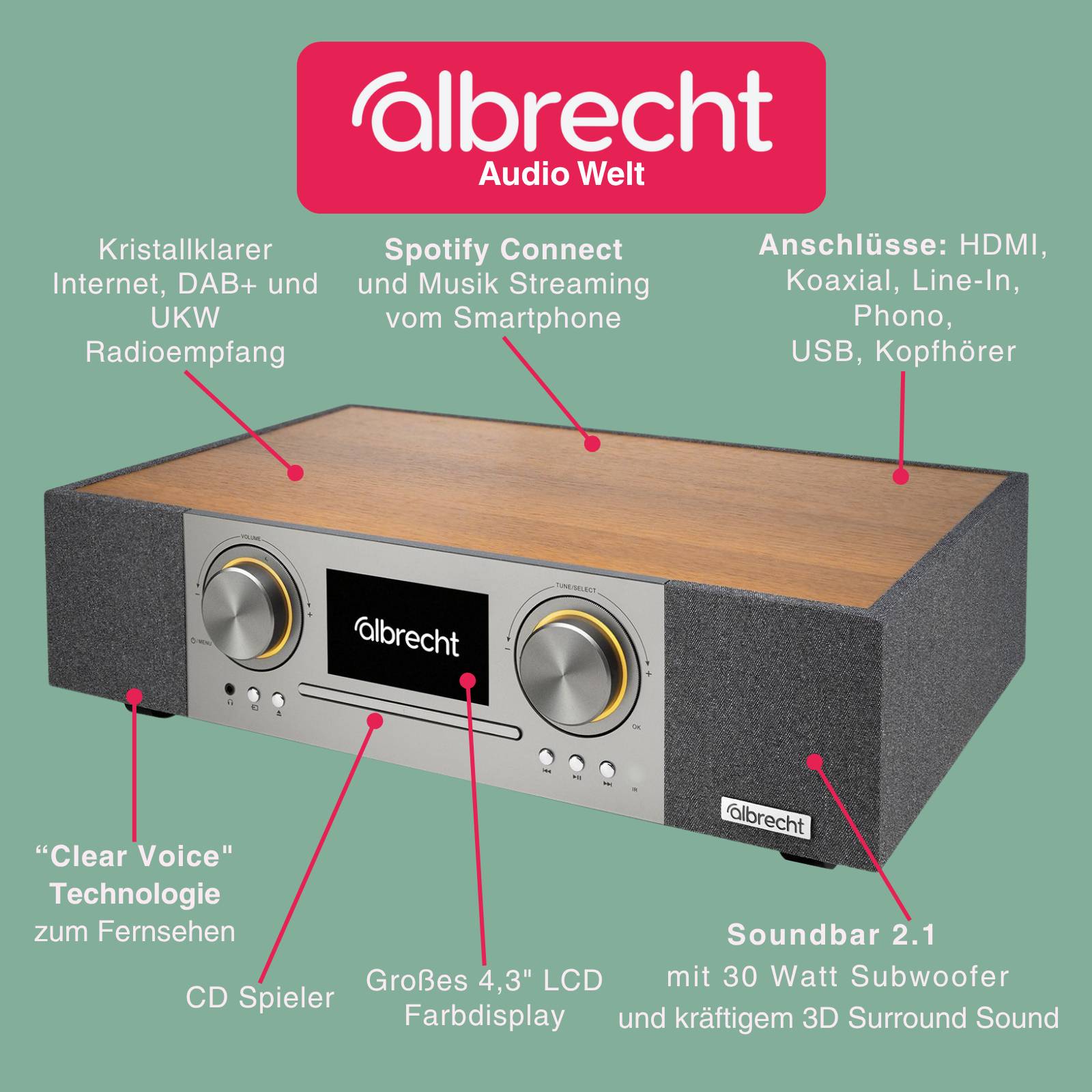 Albrecht DR 1000, Analog &amp; Digital, FM, DAB+, Spieler, 30 W, LCD, 10,9 cm (4.3")