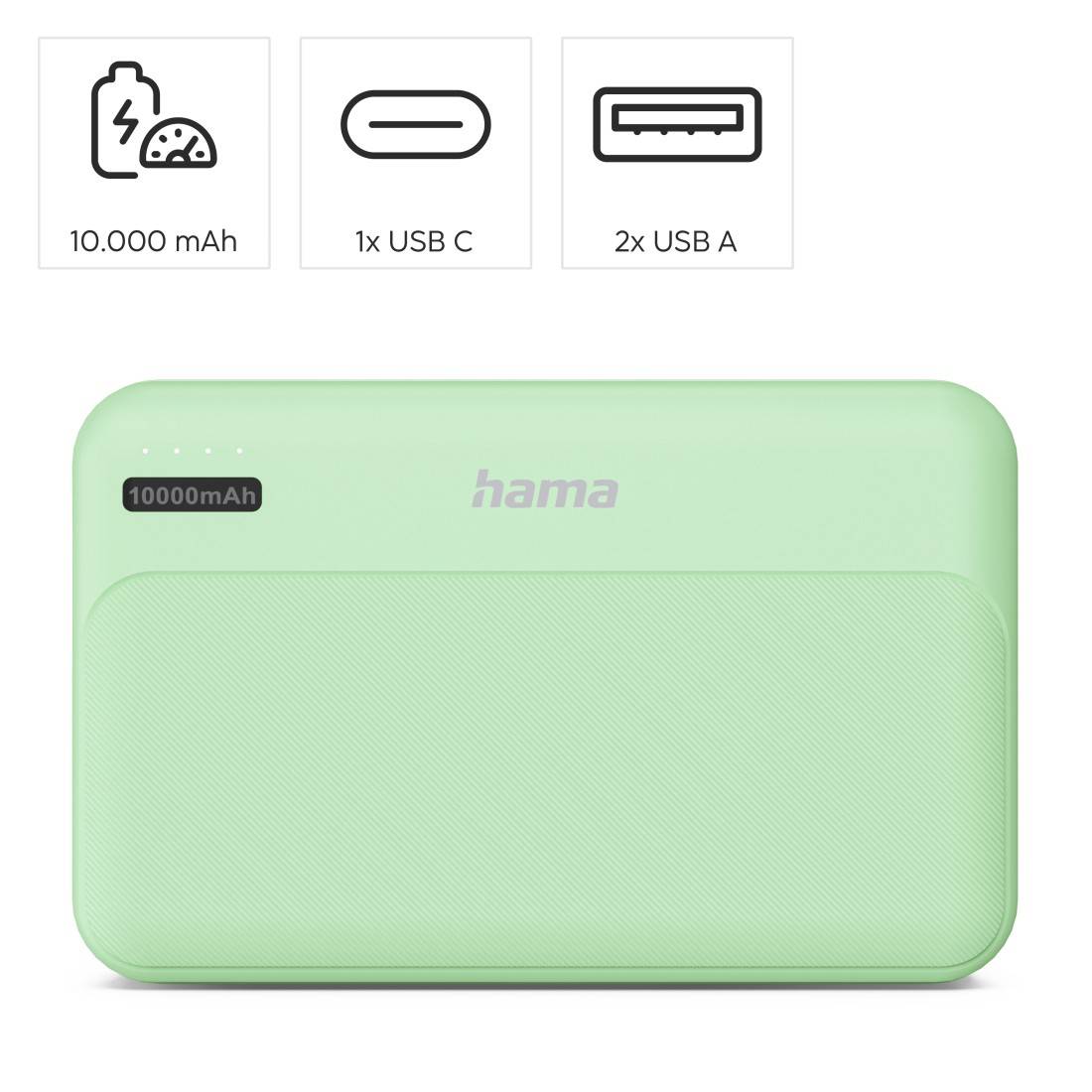 hama 00201771 Power Pack "Pocket 10", 10000mAh, Ausgänge: 2x USB-A, Grün
