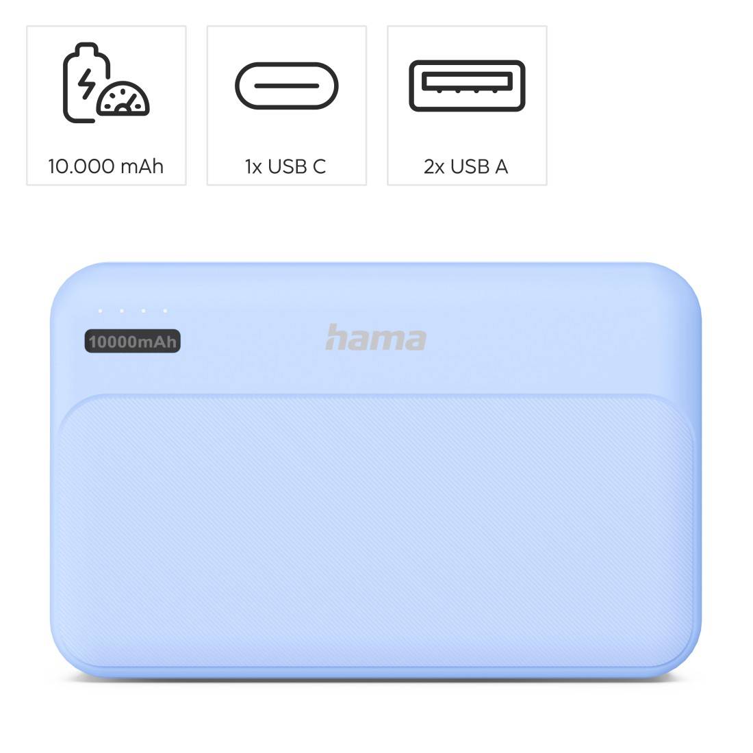 hama 00201772 Power Pack "Pocket 10", 10000mAh, Ausgänge: 2x USB-A, Blau
