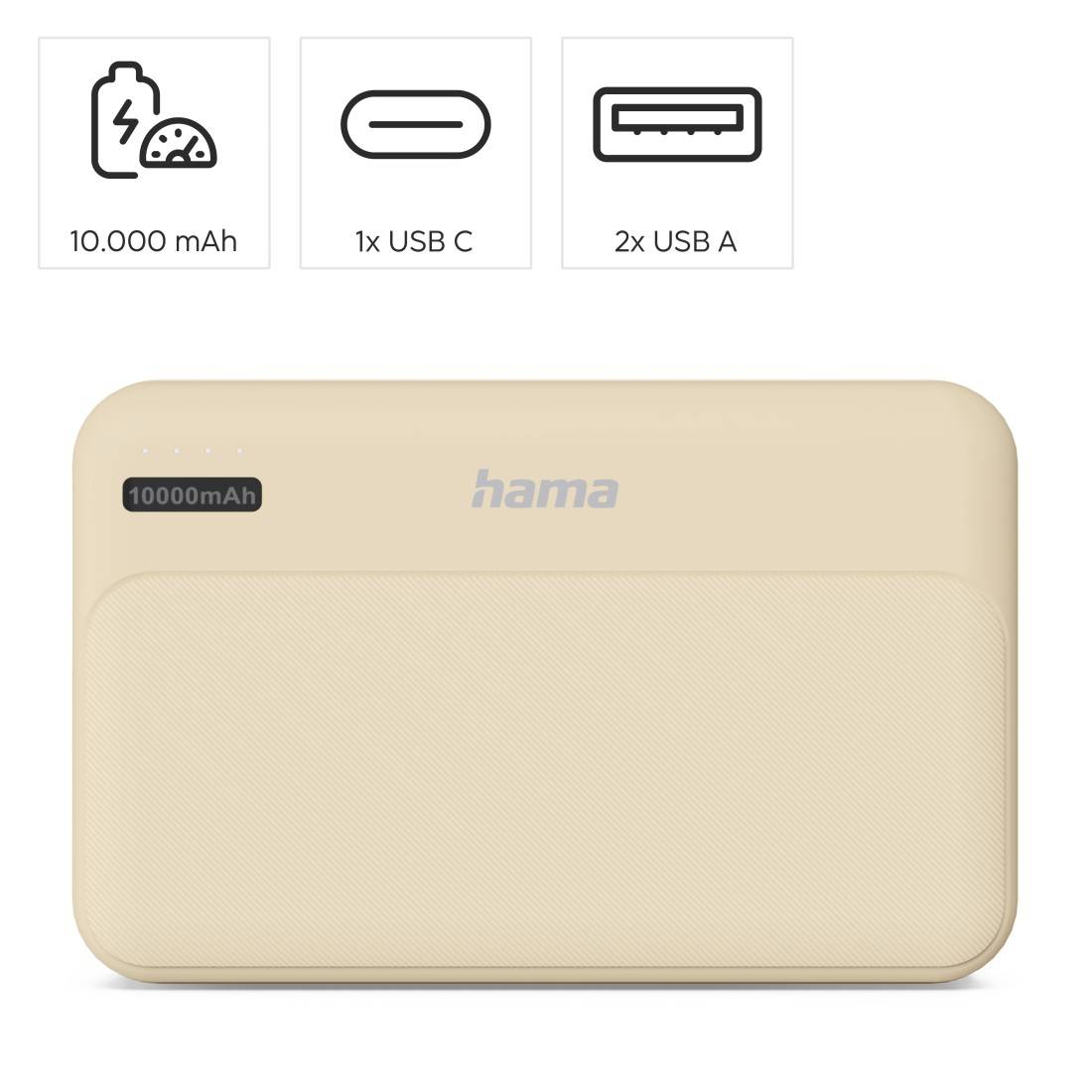 hama 00201773 Power Pack "Pocket 10", 10000mAh, Ausgänge: 2x USB-A, Sand