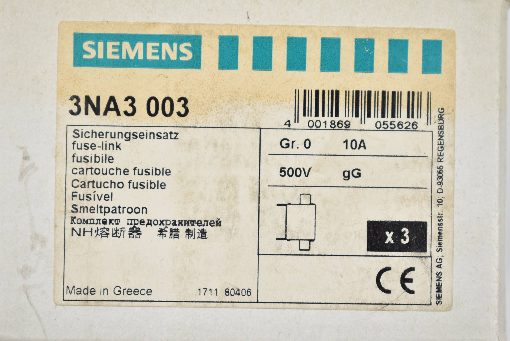 NH-Sicherungseinsatz, NH0, In: 10 A, gG, Un AC: 500 V, Stirnkennmelder, spannungsführende Grifflaschen
