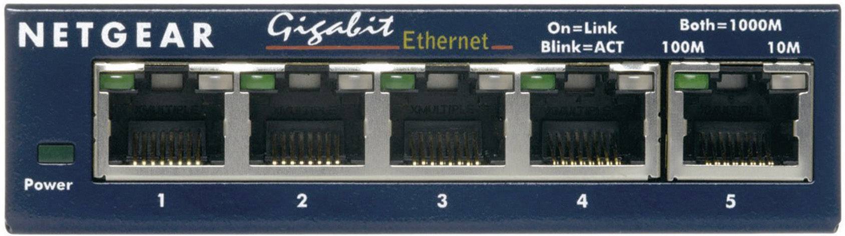 'NETGEAR Gigabit Ethernet Switch' mit acht Ports, farbcodierte LEDs zeigen Verbindungsstatus und Geschwindigkeit, grüne LED für Stromversorgung.