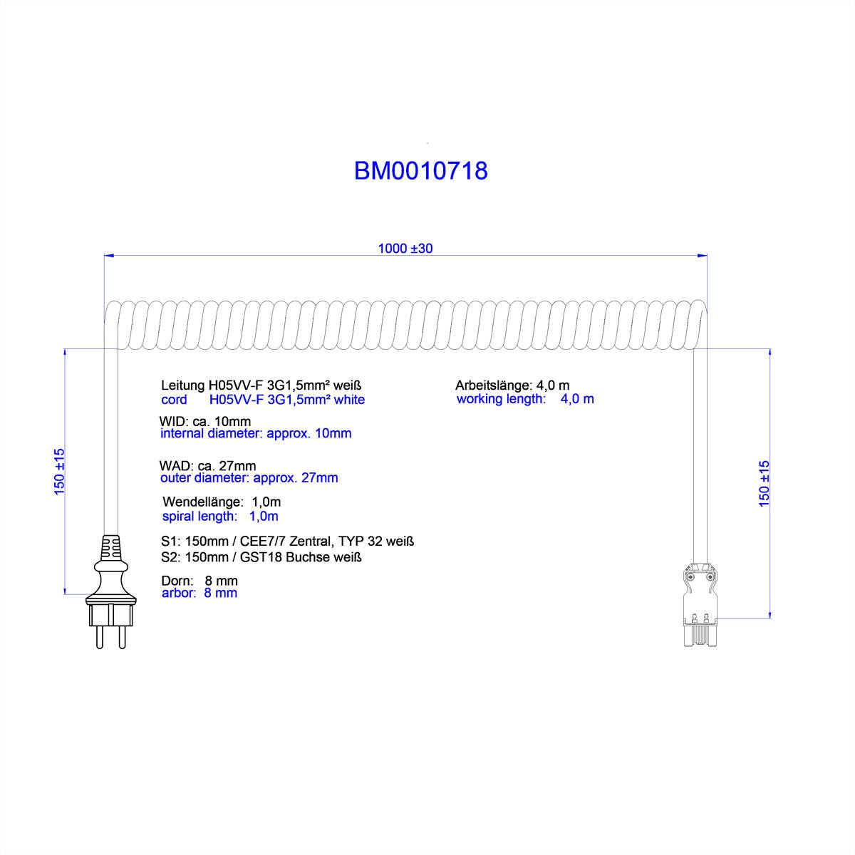 Bachmann Spiralleitung H05VV-F 3G1,5mm² L:1,0m ws ISV/CEE7/7