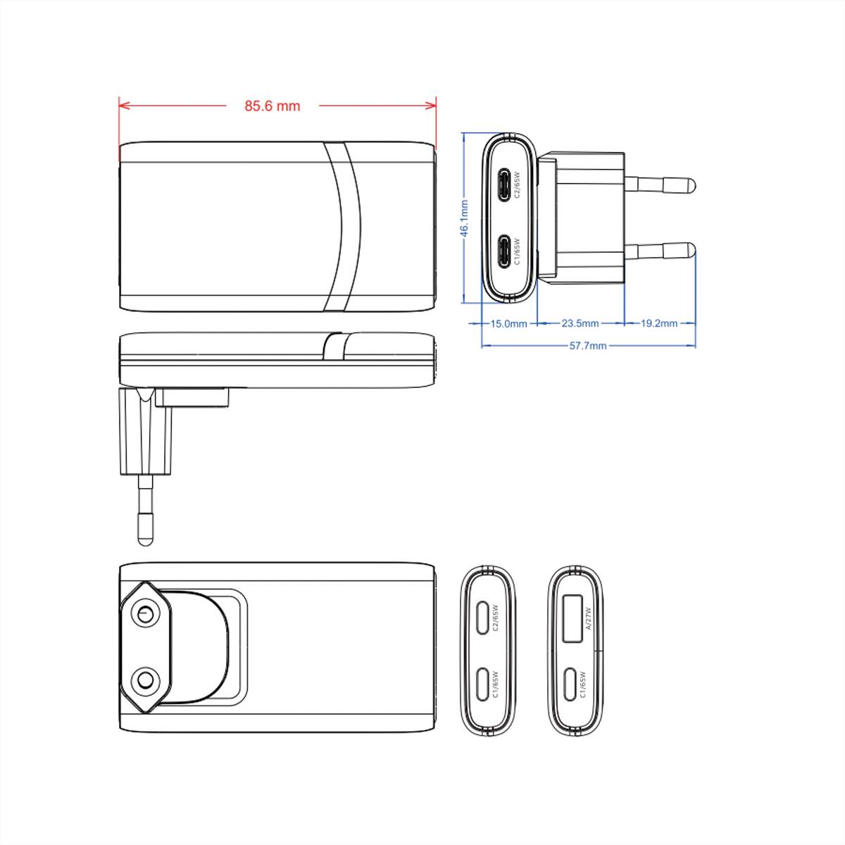 Value USB Charger mit Euro-/US-Stecker, 2 Ports Typ A+C, 65W