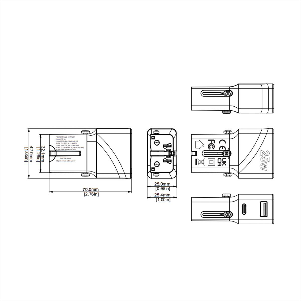 Value USB Reise-Charger mit Euro-Flach-/UK-/US-Stecker, 2 Port (Typ-A QC3.0, Typ-C PD), 25W