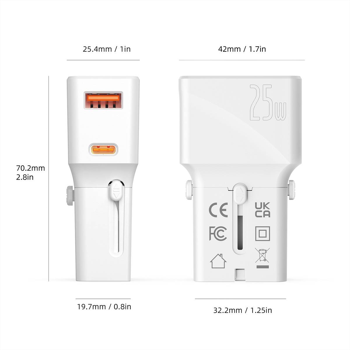 Value USB Reise-Charger mit Euro-Flach-/UK-/US-Stecker, 2 Port (Typ-A QC3.0, Typ-C PD), 25W