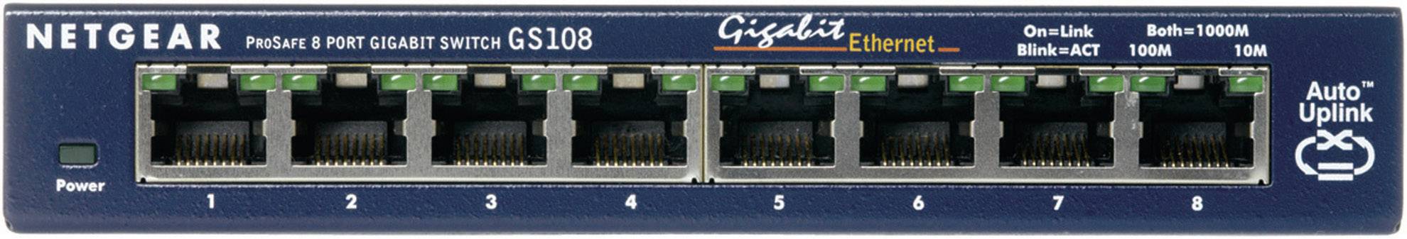 'Netgear ProSafe 8-Port Gigabit Switch GS108' mit acht Ethernet-Anschlüssen, LEDs für Verbindungsstatus und Auto-Uplink-Funktion.