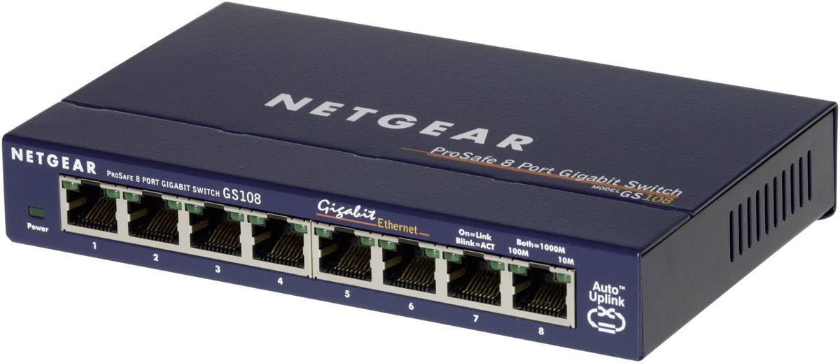 Ein blauer 8-Port-Gigabit-Switch von Netgear für Ethernet-Verbindungen, Modell GS108. Vorderseite zeigt acht Ethernet-Ports.