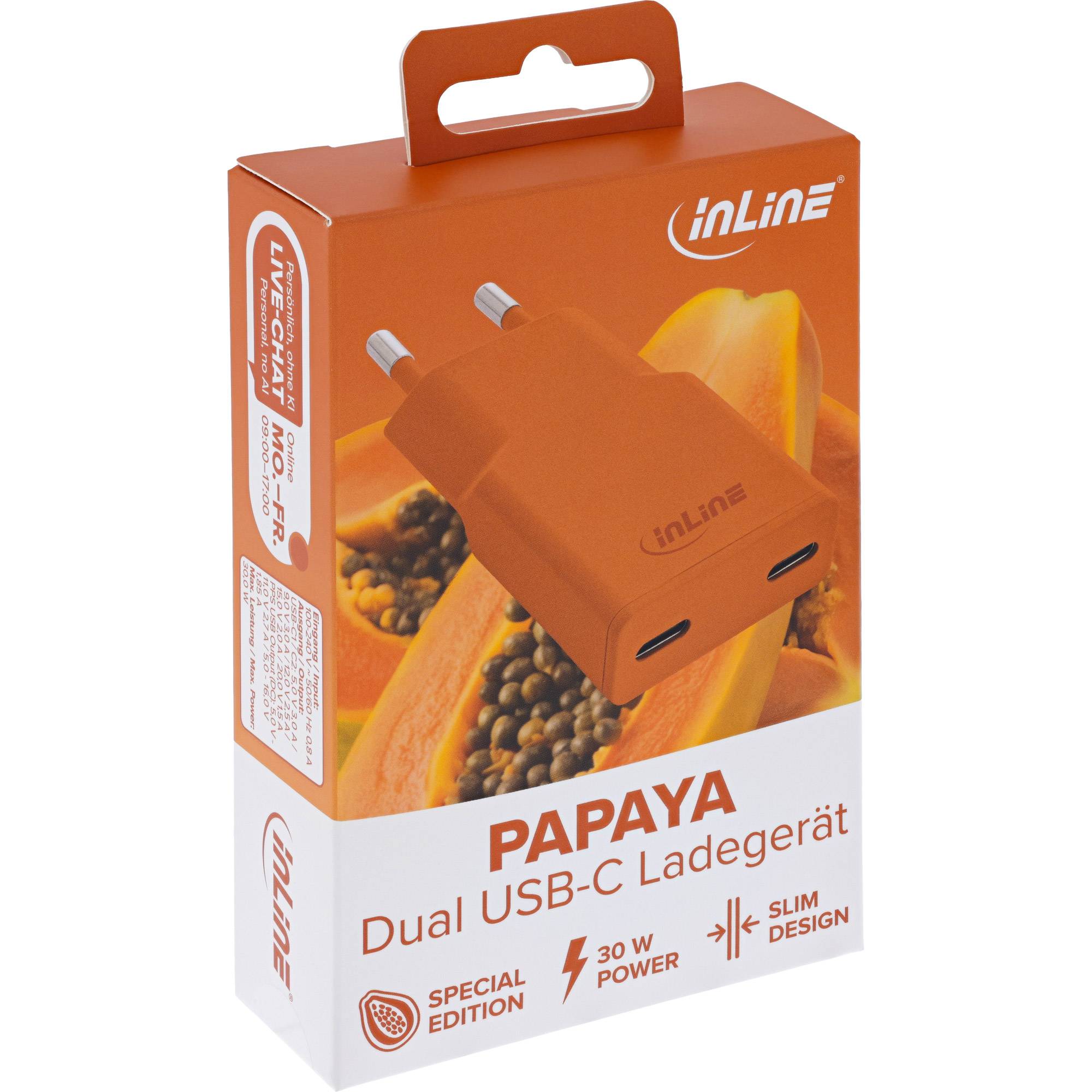InLine USB-C Ladegerät - 30W - GaN - Dual USB-C - PD/PPS - Papaya/orange