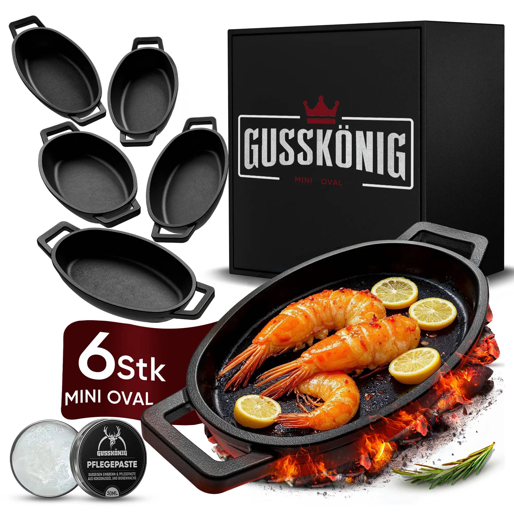 Gusskönig Eingebrannte Oval Mini Gusseisen Pfanne 6x 11,7cm Multimedia-Technik Grillpfanne