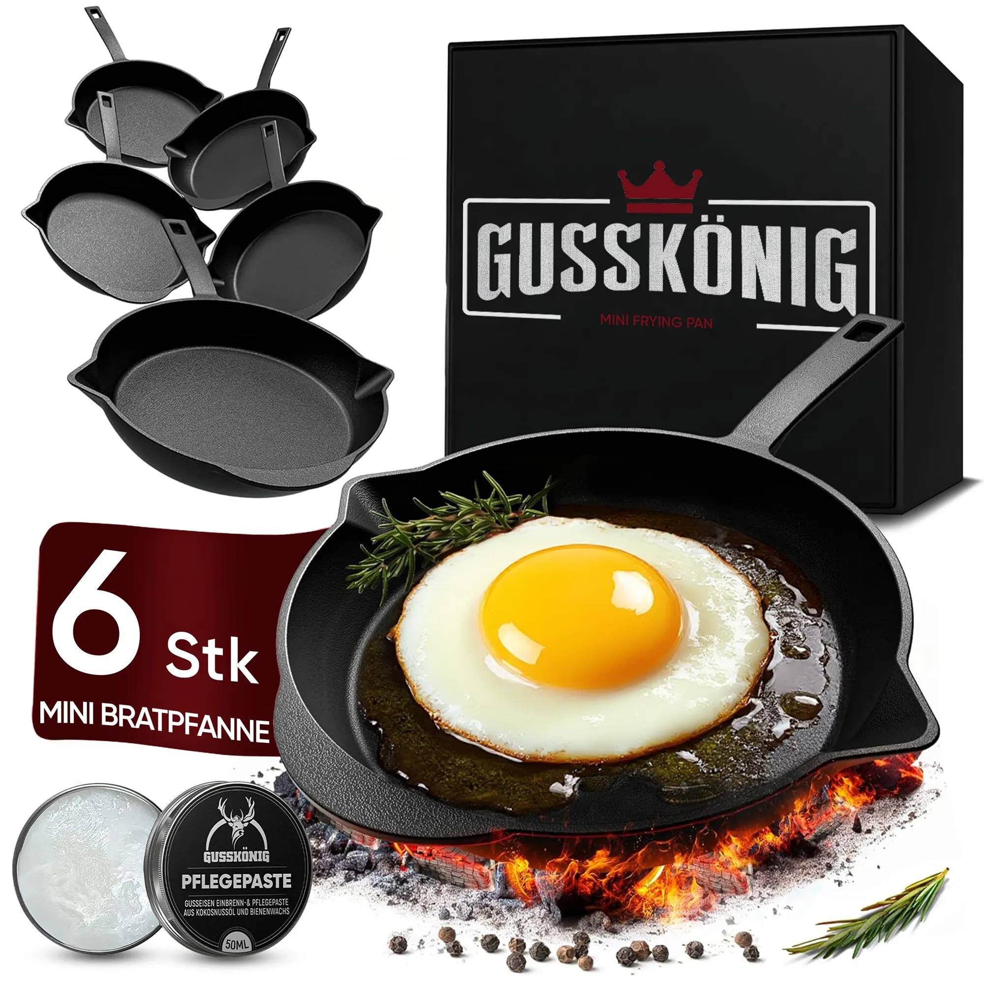 Gusskönig Eingebrannte Mini Gusseisen-Bratpfanne 6x 13,7cm Multimedia-Technik Grillpfanne
