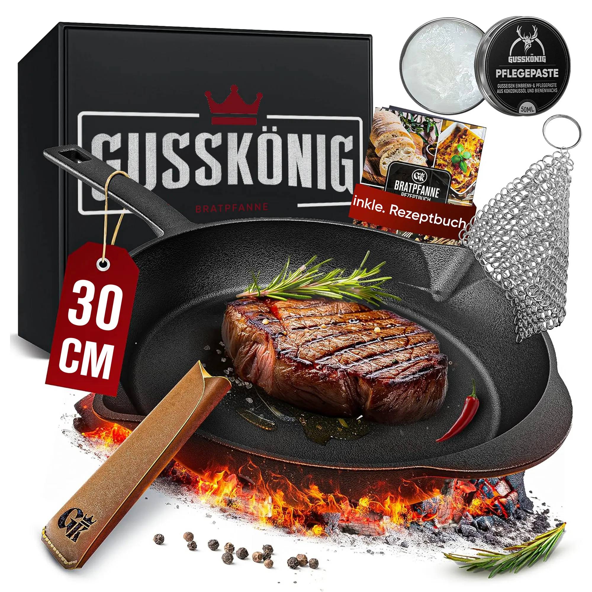 Gusskönig Eingebrannte Gusseisenpfanne 30cm Multimedia-Technik Grillpfanne