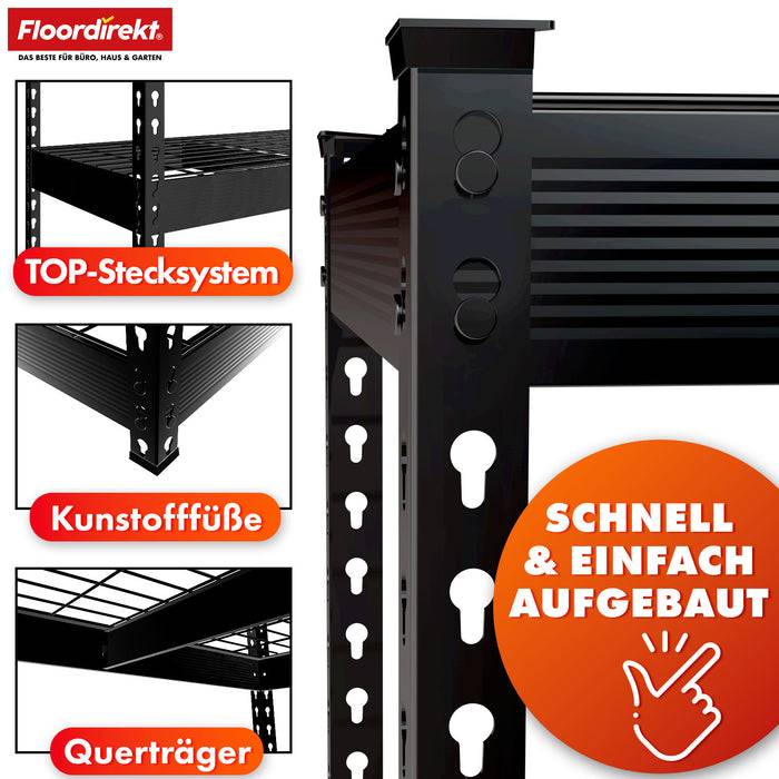 FLOORDIREKT Schwerlastregal Yukon Rivet - Stahlregal mit Gitterböden - Schwarz - 160 × 150 × 80 cm