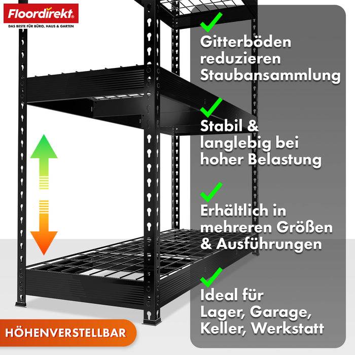 FLOORDIREKT Schwerlastregal Yukon Rivet - Stahlregal mit Gitterböden - Schwarz - 160 × 150 × 80 cm