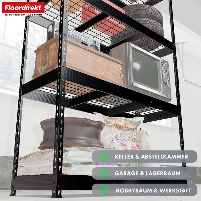 FLOORDIREKT Schwerlastregal Yukon Rivet - Stahlregal mit Gitterböden - Schwarz - 160 × 150 × 80 cm