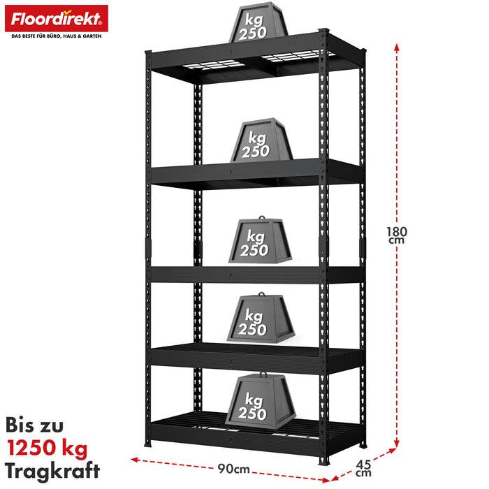 FLOORDIREKT Schwerlastregal Yukon Rivet - Stahlregal mit Gitterböden - Schwarz - 160 × 150 × 80 cm