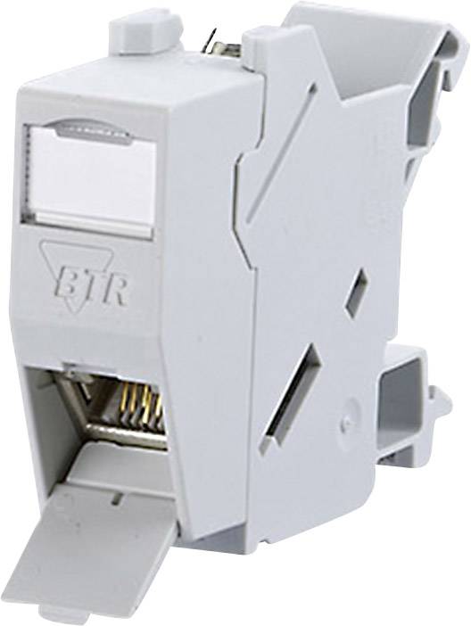Keystone-Modul RJ45 der Marke BTR in Grau, mit einer Schutzkappe und Beschriftungsfeld. Geeignet für Netzwerkverkabelungen.