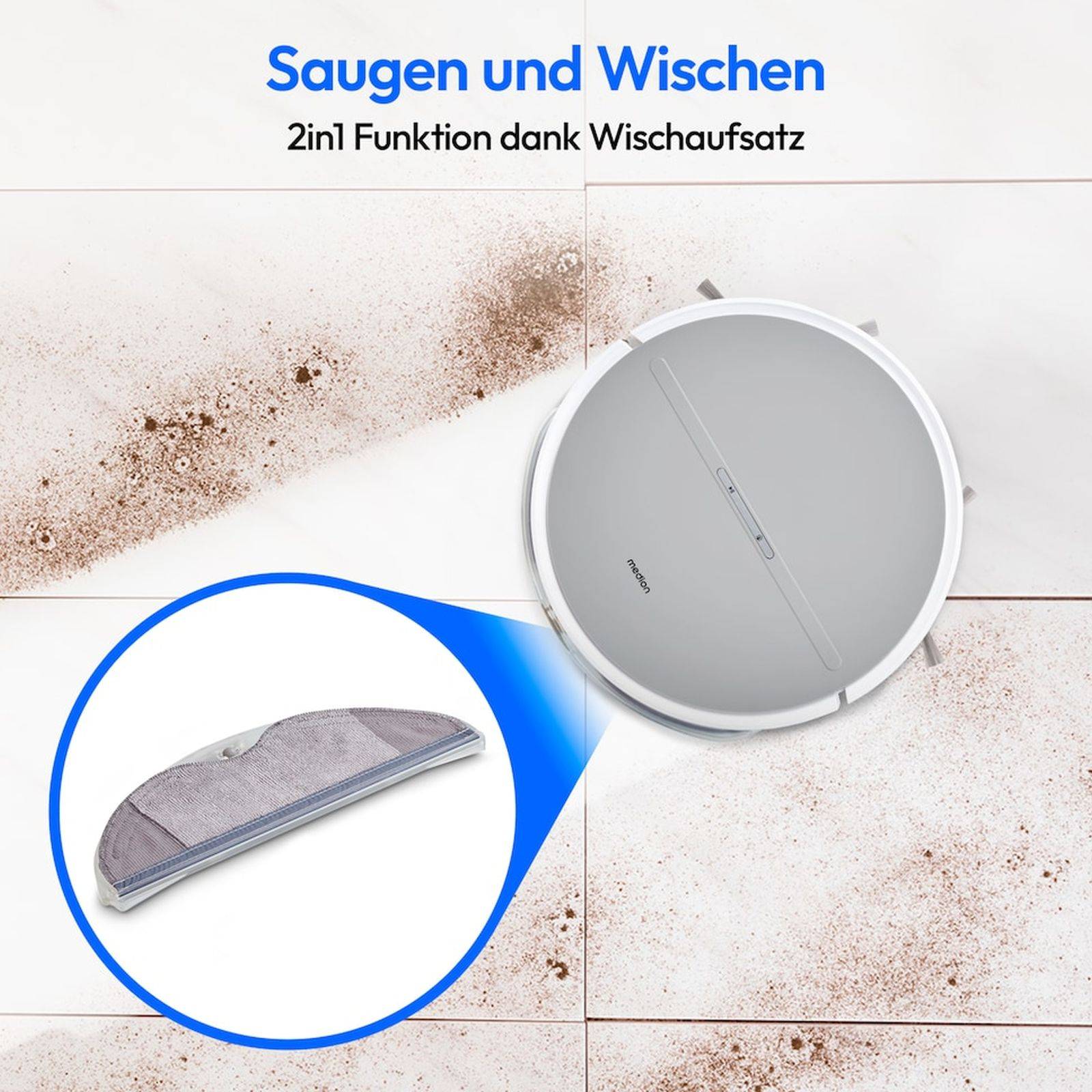 Medion LIFE E35 SW Saugroboter mit Wischfunktion Gyro-Navigation, 2.000 Pa Saugkraft, 120 Minuten Laufzeit, Beutellos,