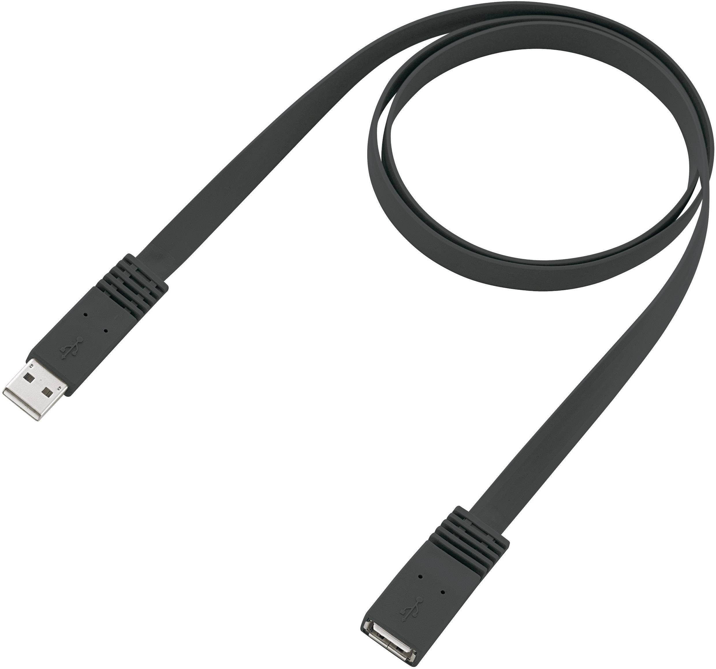 Ein flaches, schwarzes USB-Kabel mit einem Standard-USB-Stecker und einer USB-Buchse. Ideal zum Verbinden von Geräten.