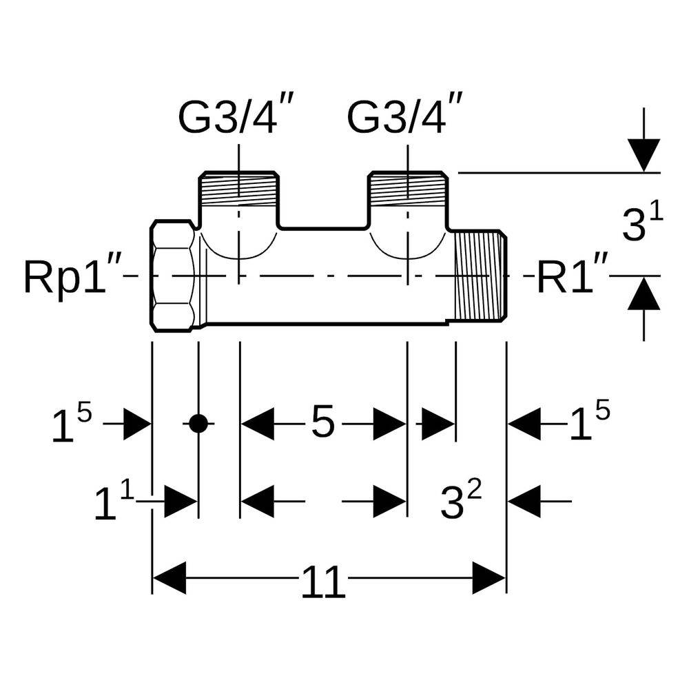 Geberit Verteiler mit Gewindeanschluss und Abgang für Eurokonus, R 1", G 3/4", 2 Abgänge, Messing/bleifreie