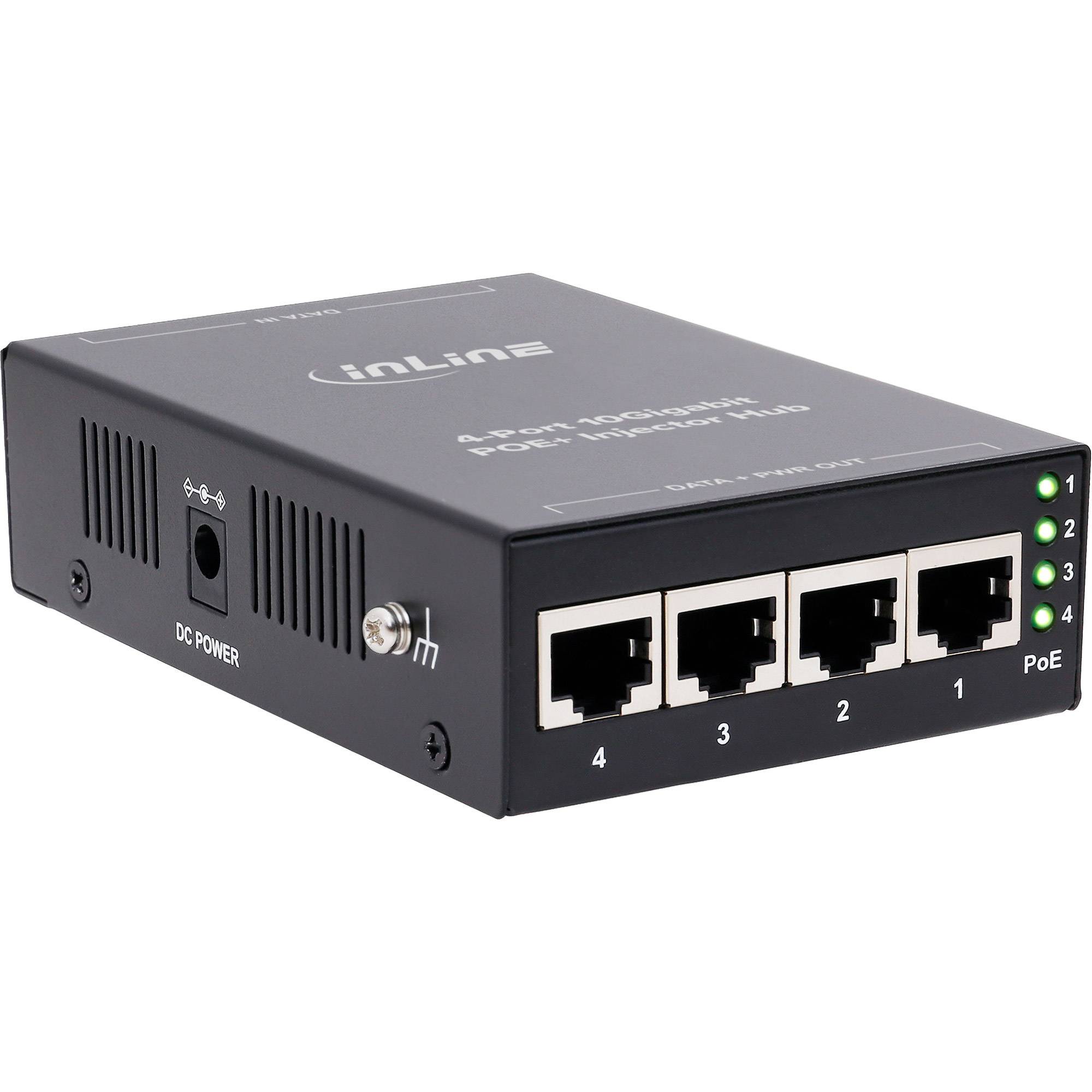 InLine® PoE+ 10Gigabit Injektor Hub 4 Port (4x PoE+), 10Gb/s, Metall, lüfterlos