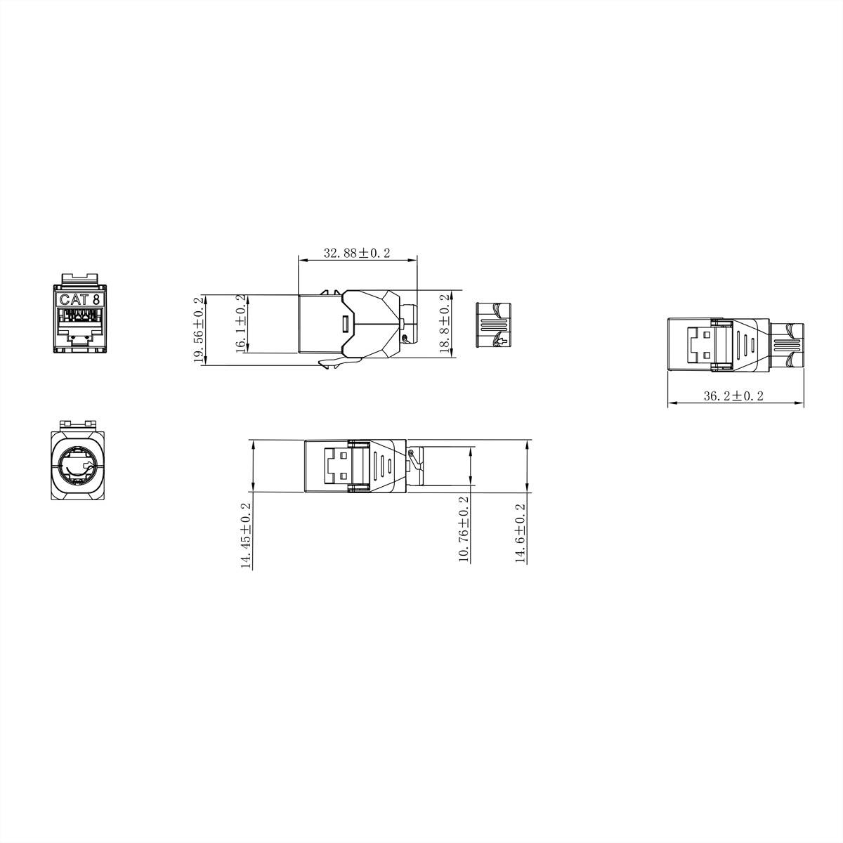 Roline Cat.8 (Class I) Keystone, Super-Slim, PoE, geschirmt, werkzeuglos, silberfarben