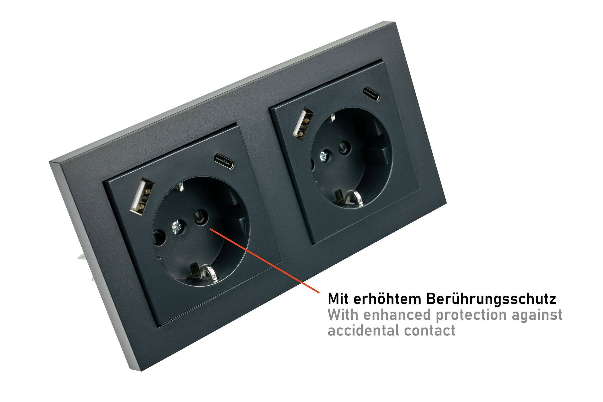 Schutzkontakt-Einbausteckdose 2-fach, mit USB-C™ (25W, PD 3.0) und USB-A (18W), anthrazit