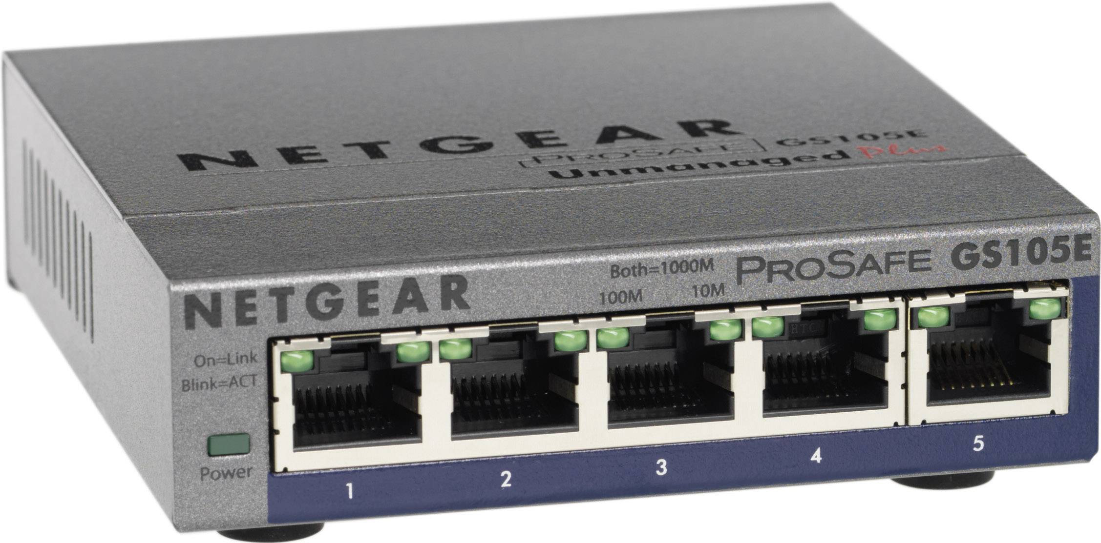 Netzwerkswitch Netgear ProSafe GS105E mit 5 Ethernet-Anschlüssen, LED-Anzeigen zur Verbindungsstatusanzeige, kompakte Bauweise.