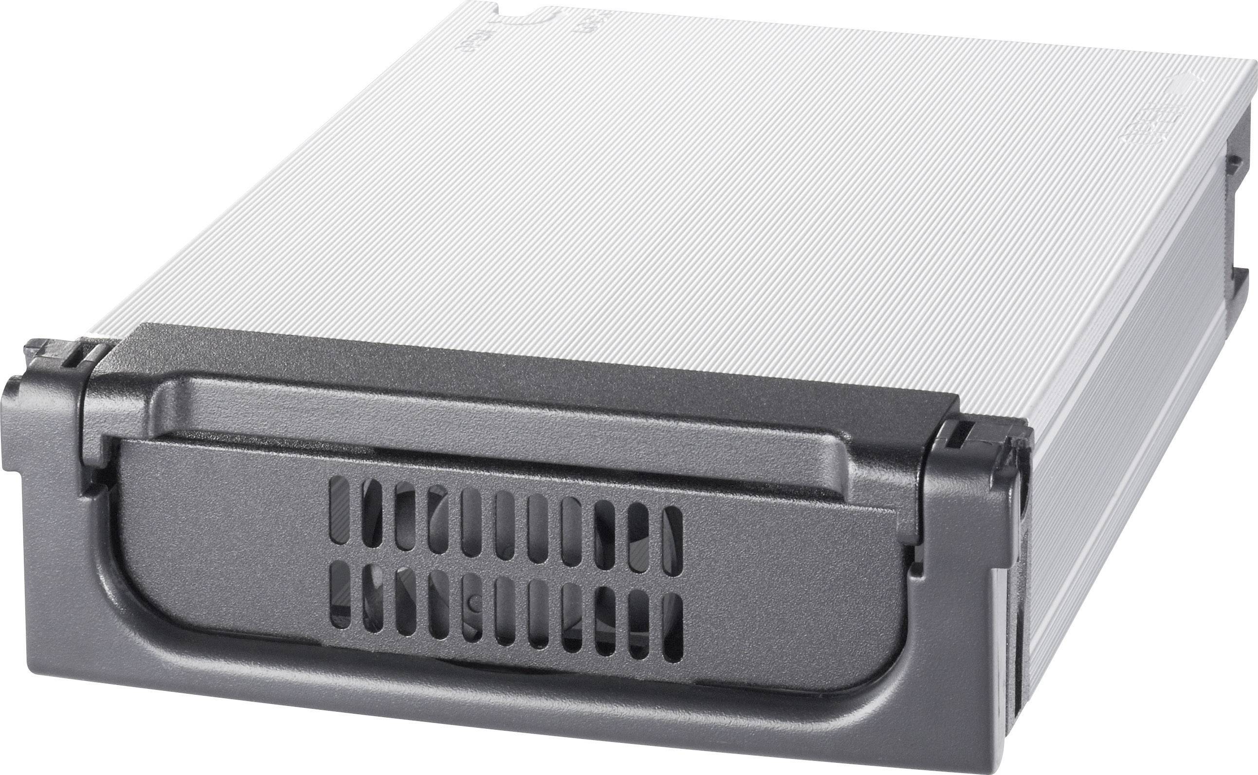 Gehäuse für eine Festplatte mit schwarzem Griff und silbernem Gehäuse, zur Speicherung von Daten in einem Computer.