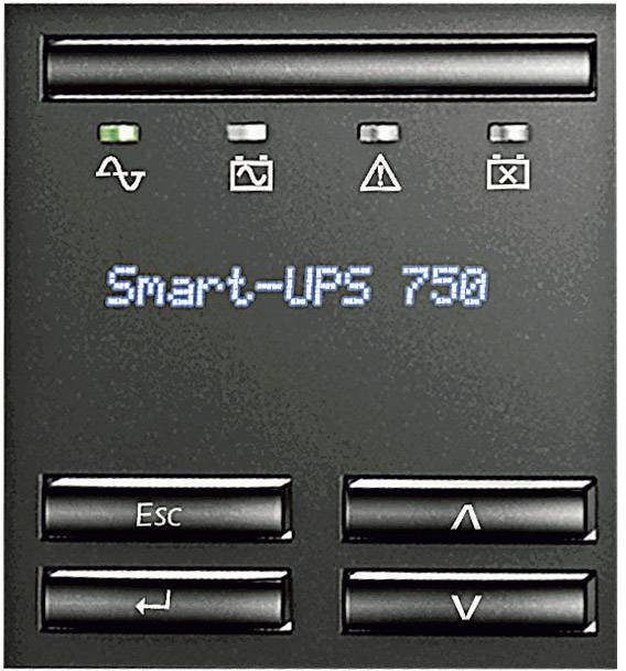 Anzeige einer unterbrechungsfreien Stromversorgung mit Text 'Smart-UPS 750' und Symbolen für Status, Batterie und Fehler. Bedientasten unten.
