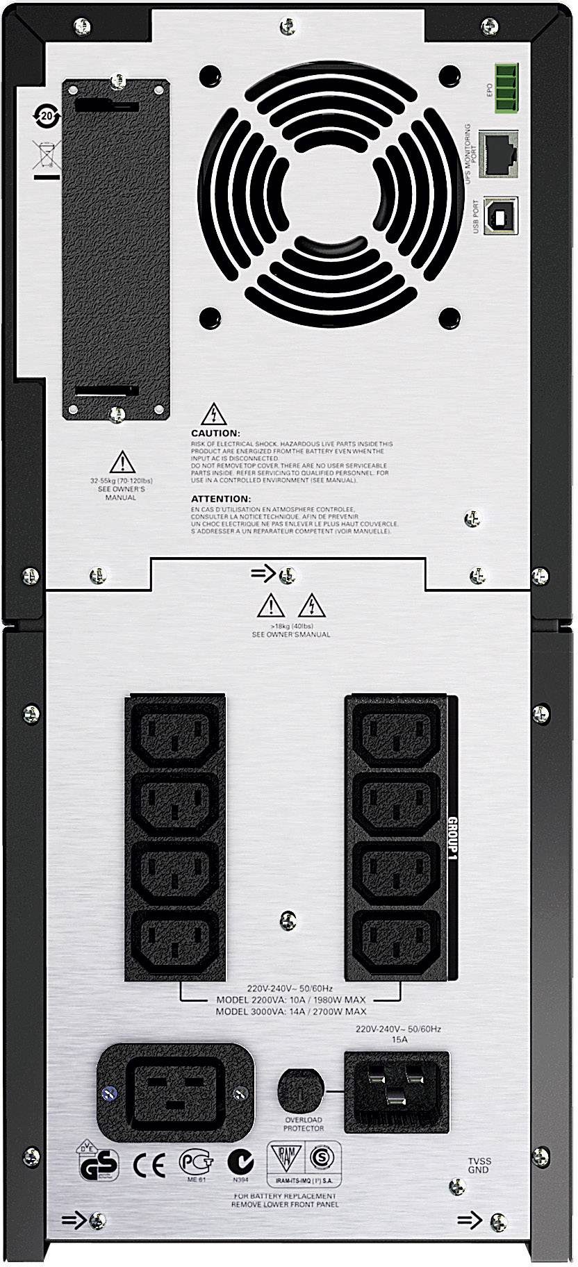Rückseite eines elektronischen Geräts mit Belüftungsgitter, mehreren Stromanschlüssen und Sicherheitskennzeichnungen.