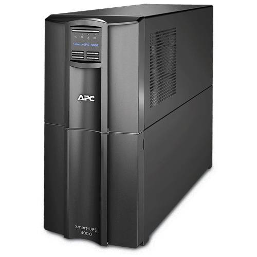 'APC Smart-UPS 3000' steht oben auf einem großen, schwarzen USV-Gerät, das zur Notstromversorgung von Computern dient.