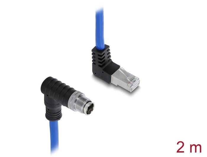 81012 - Delock M12 Kabel X-kodiert 8 Pin Stecker, gewinkelt, zu RJ45 Stecker, 2 m, blau