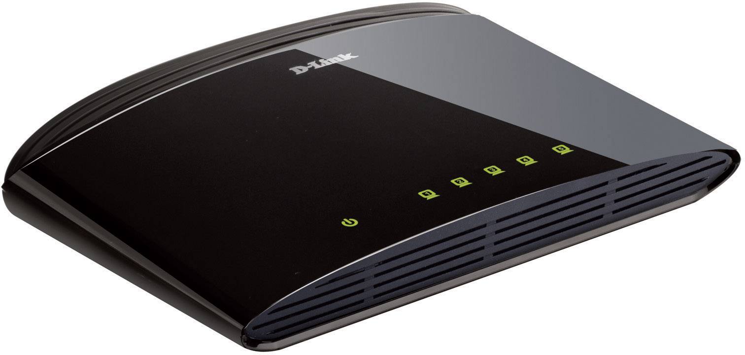 Schwarzer Netzwerkrouter mit fünf grünen Statusanzeigen auf der Vorderseite.