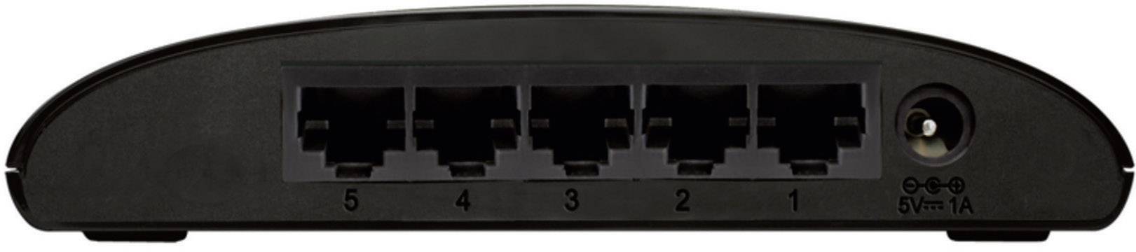 Ein schwarzer Netzwerk-Switch mit fünf Ethernet-Ports und einem Netzanschluss. Die Ports sind von 1 bis 5 nummeriert.