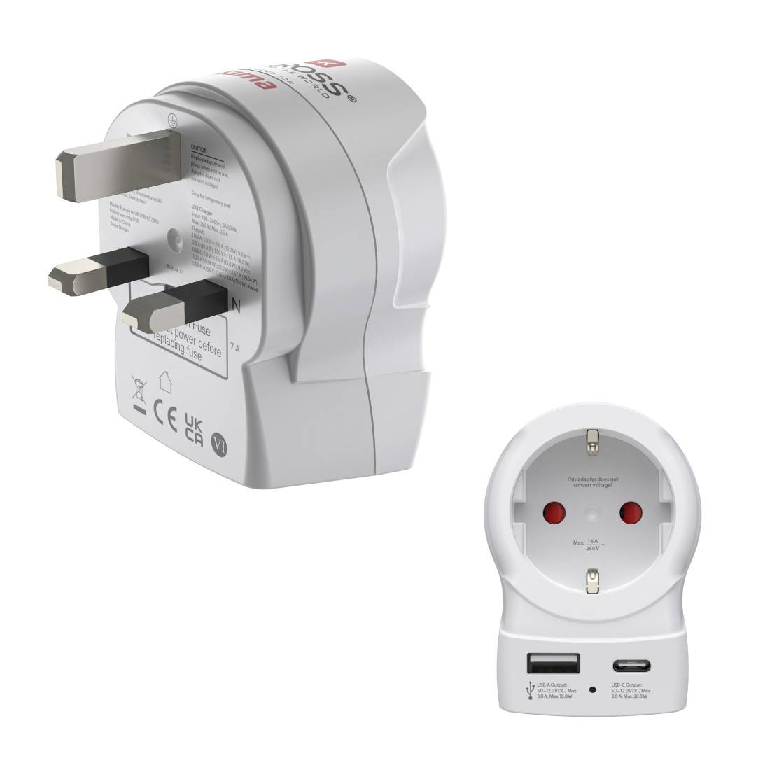 Hama EU to UK, Typ G (VK), Typ C (Eurostecker) + Typ F, Gerade, Gerade, 100 - 250 V, Weiß