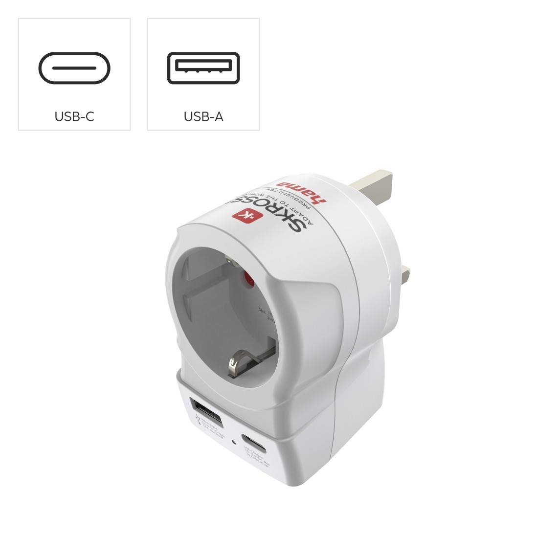 Hama EU to UK, Typ G (VK), Typ C (Eurostecker) + Typ F, Gerade, Gerade, 100 - 250 V, Weiß
