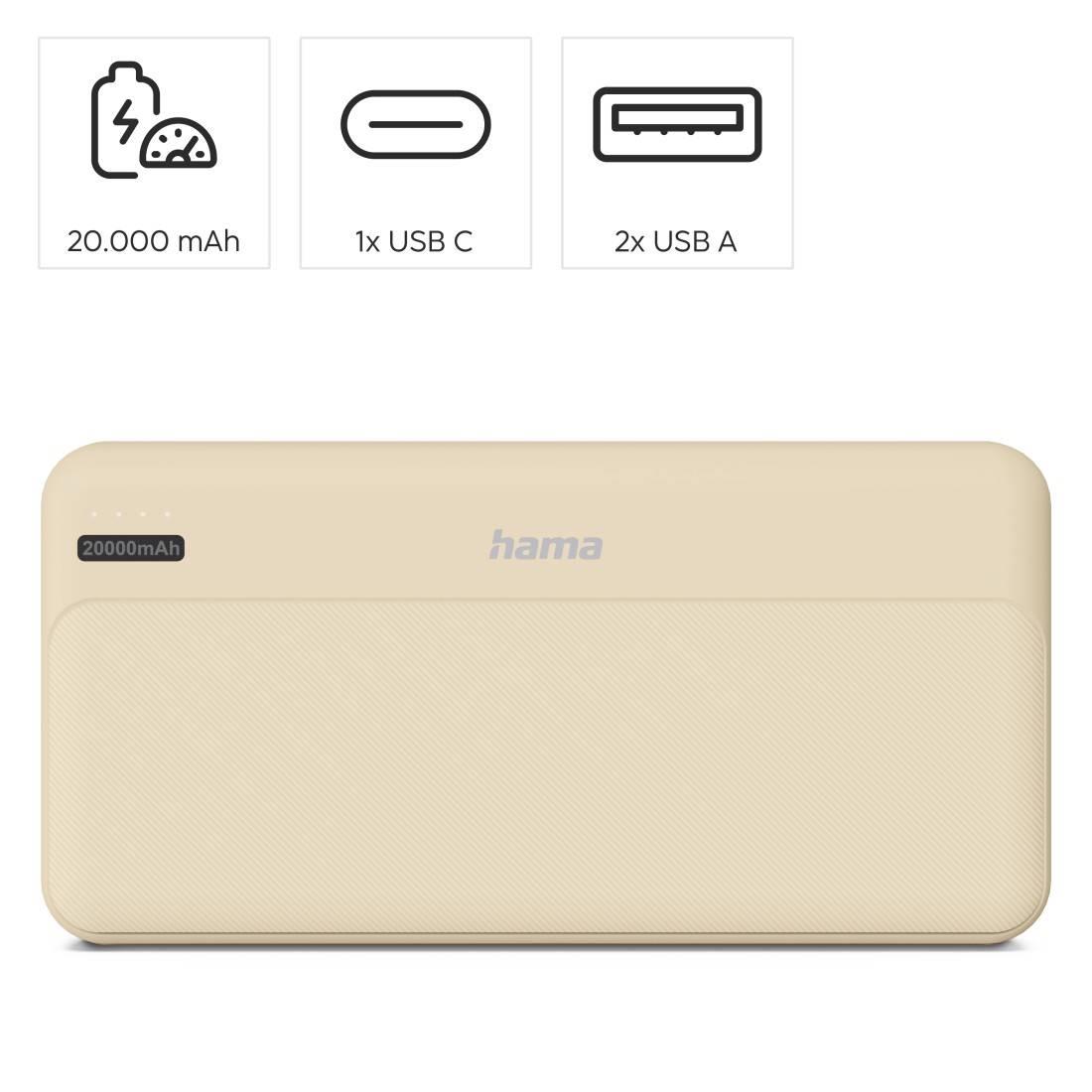 hama 00201775 Power Pack "Pocket 20", 20000mAh, Ausgänge: 2x USB-A, Sand